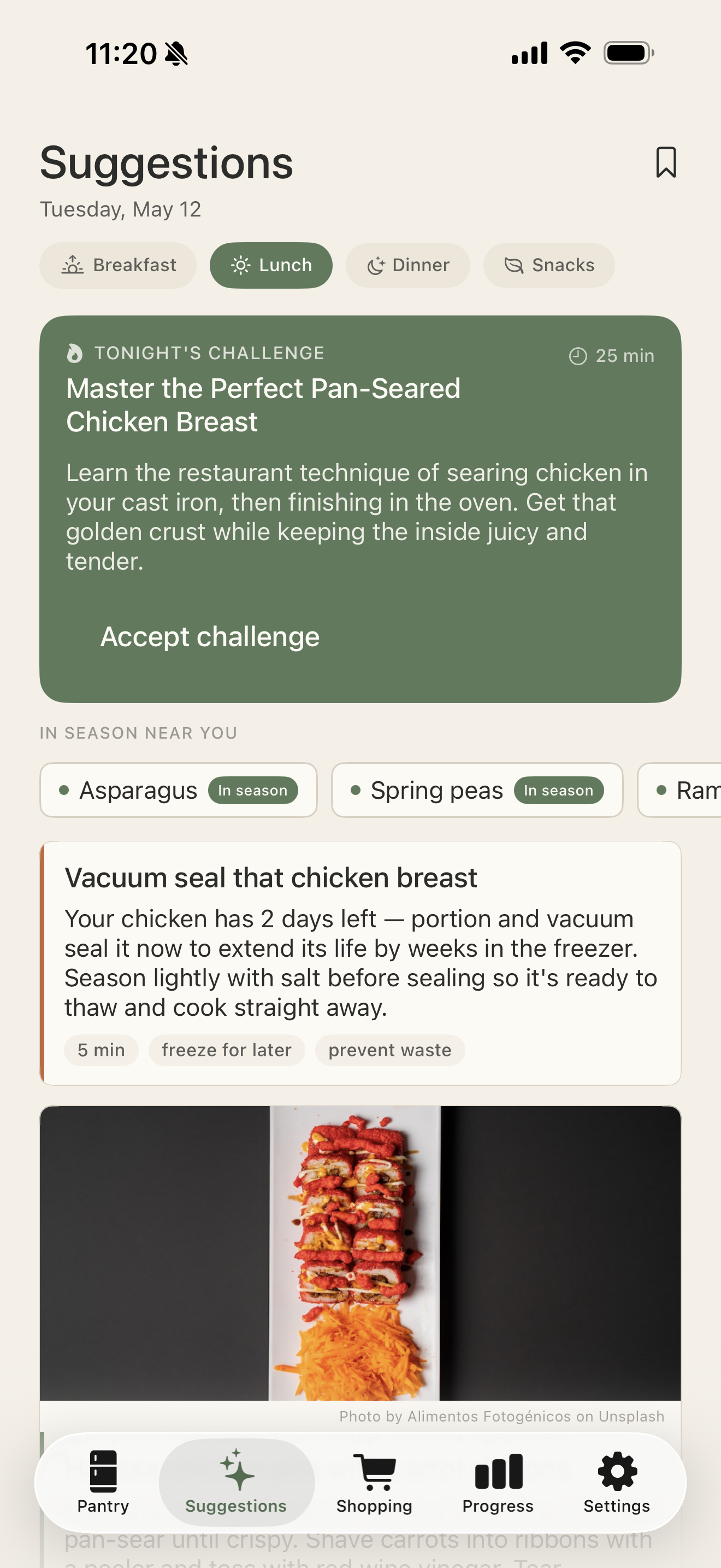 MiseCook suggestions screen with daily challenge